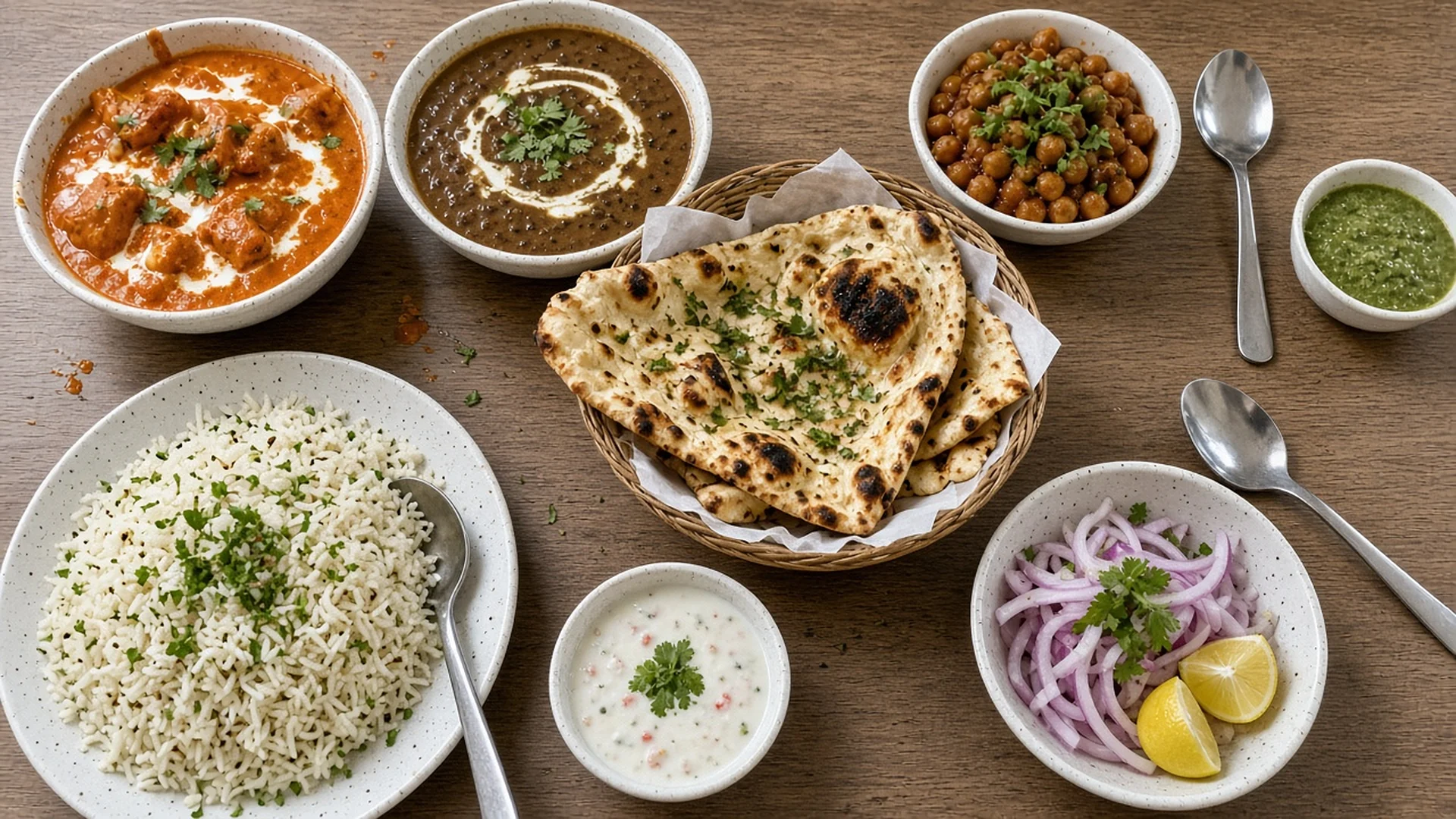 Table of North Indian dishes: butter chicken, daal, chana, rice, naan and raita