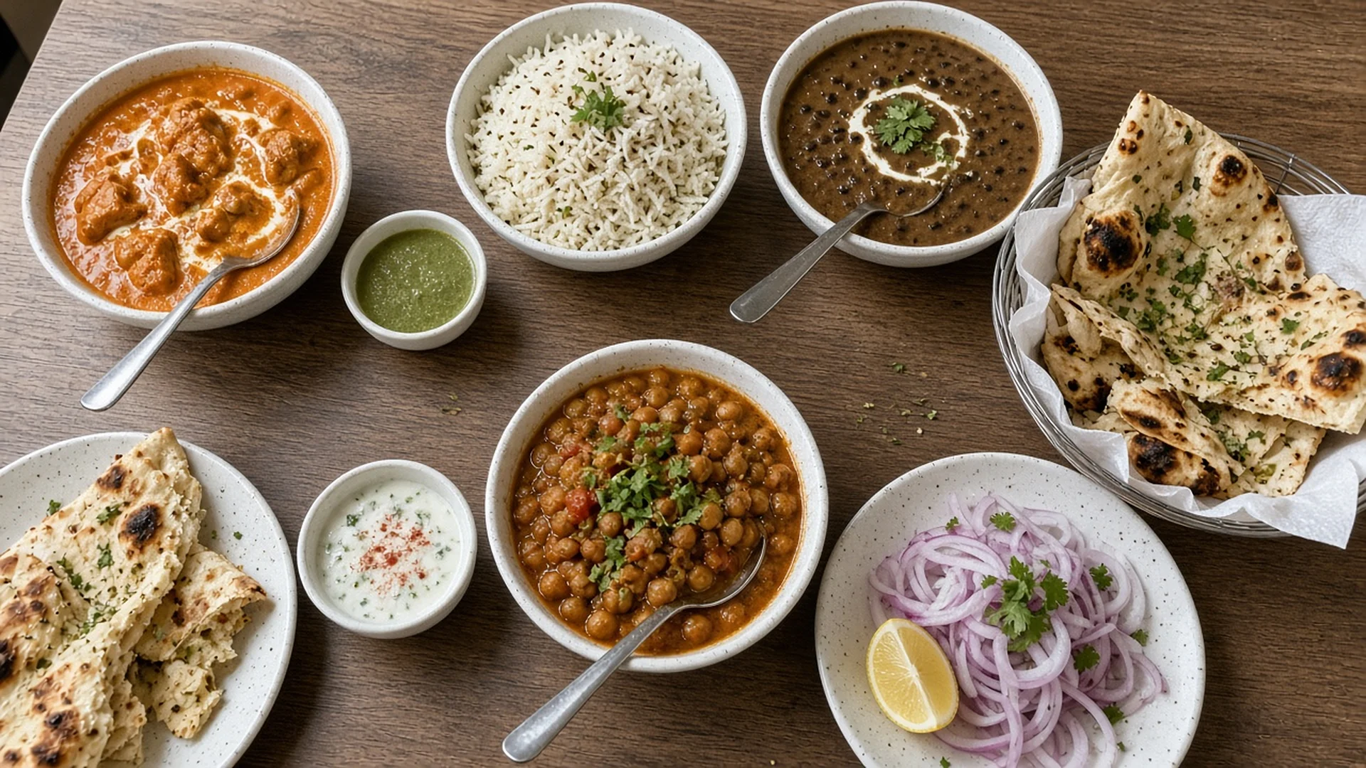 Butter chicken, daal makhni, chana, jeera rice and naan on a wooden table
