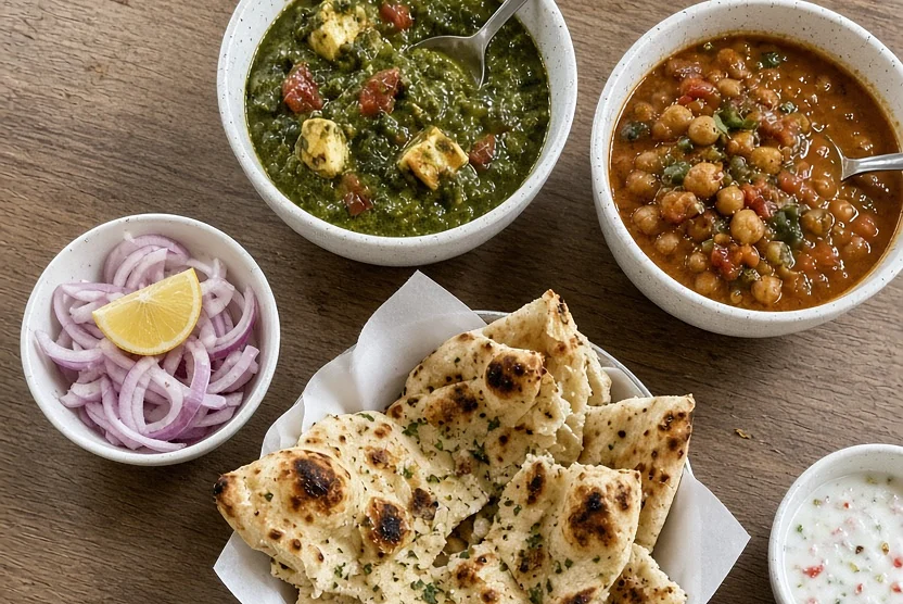Palak paneer, chana masala, onion salad and naan on a wooden table