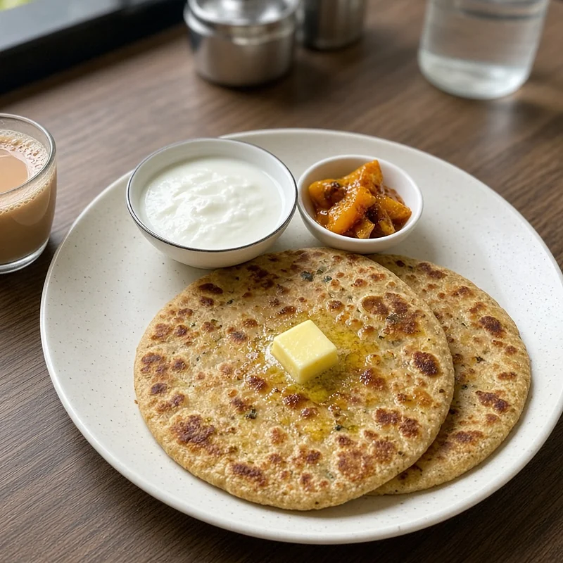 Aloo parantha with butter, yogurt, pickle and a cup of tea