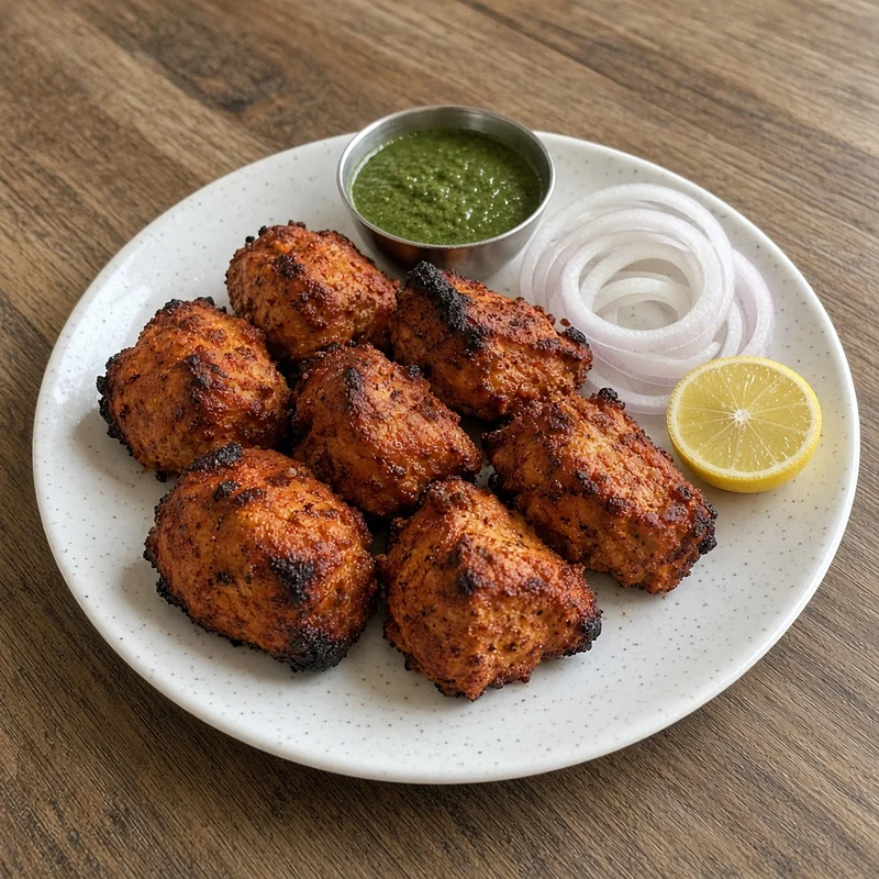 Chicken tikka from the tandoor with onion rings, lemon and green chutney