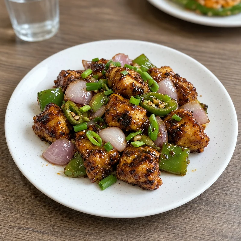 Indo-Chinese chilli paneer with peppers, onion and spring onion