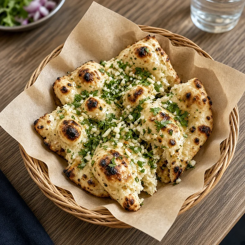 Garlic naan with coriander in a paper-lined basket