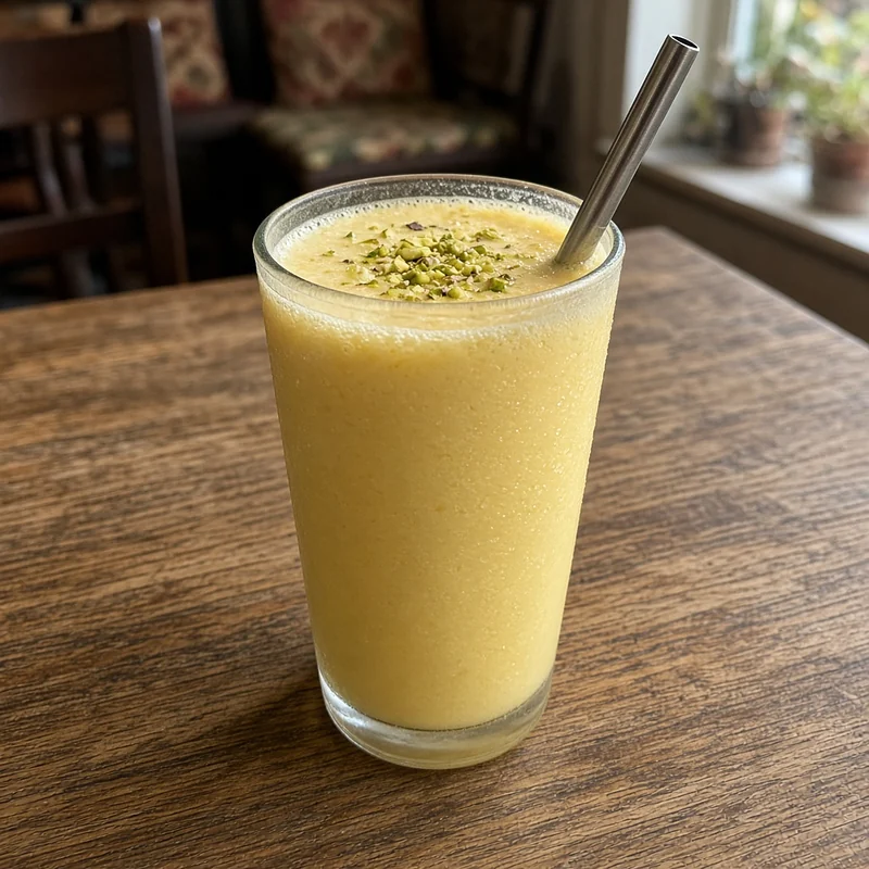 A glass of mango lassi topped with crushed pistachio