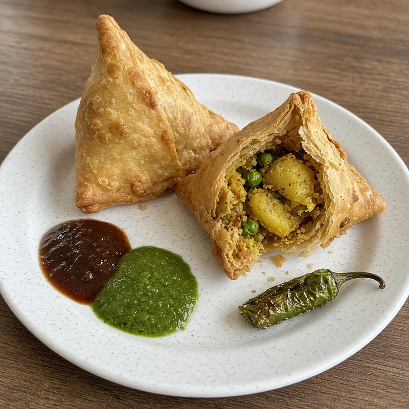 Two samosas, one broken open to show potato and peas, with tamarind and mint chutney