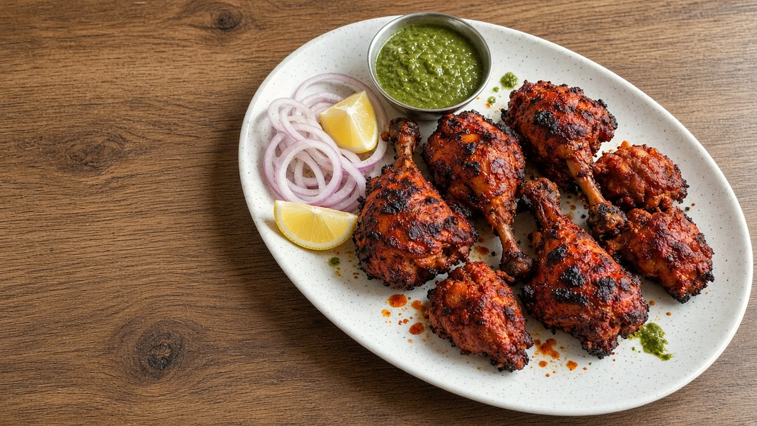 Tandoori chicken with onion rings, lemon and green chutney on a platter
