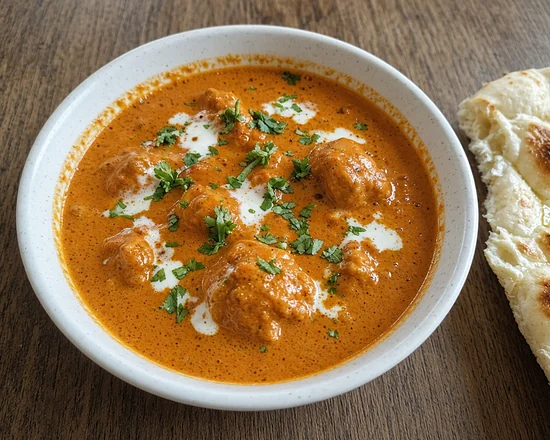 Butter chicken in a white bowl with naan beside it
