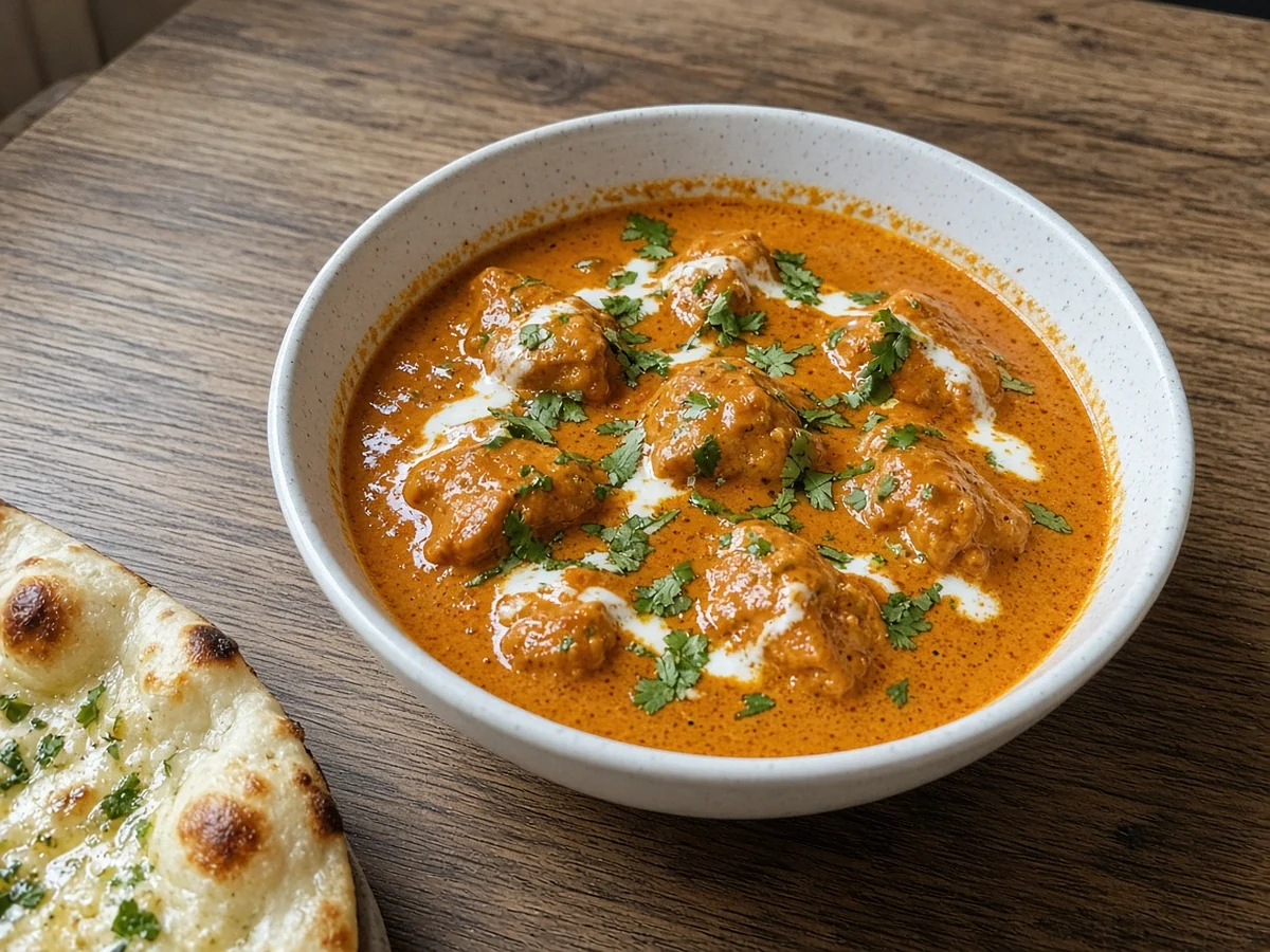 Butter chicken in a creamy orange tomato gravy with coriander, naan on the side