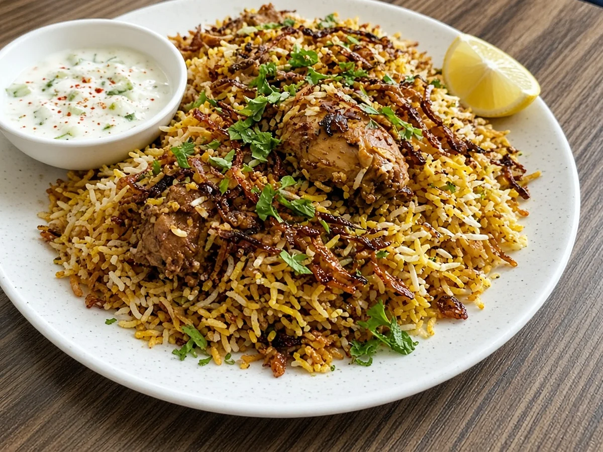 Chicken biryani with fried onions, a bowl of raita and a lemon wedge