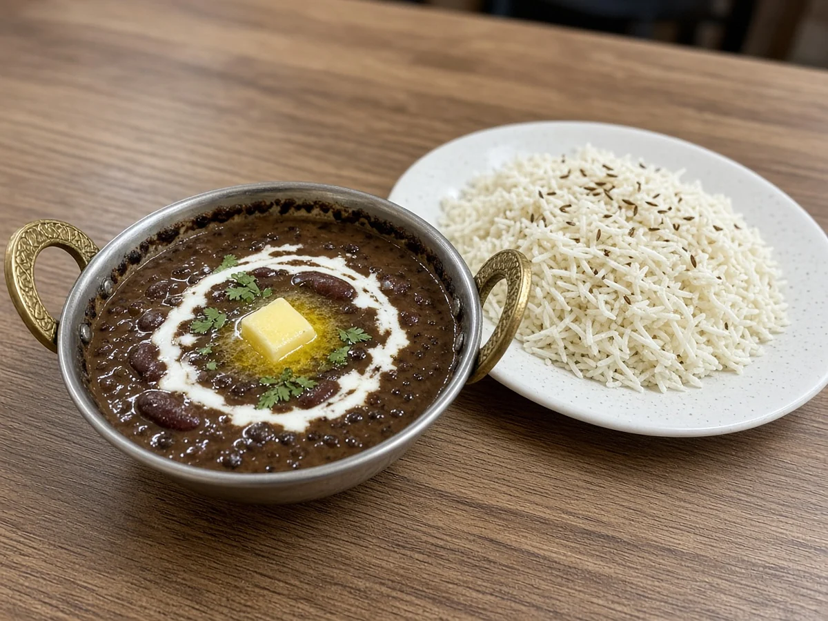 Daal makhni with butter and cream in a small handi, with a plate of jeera rice